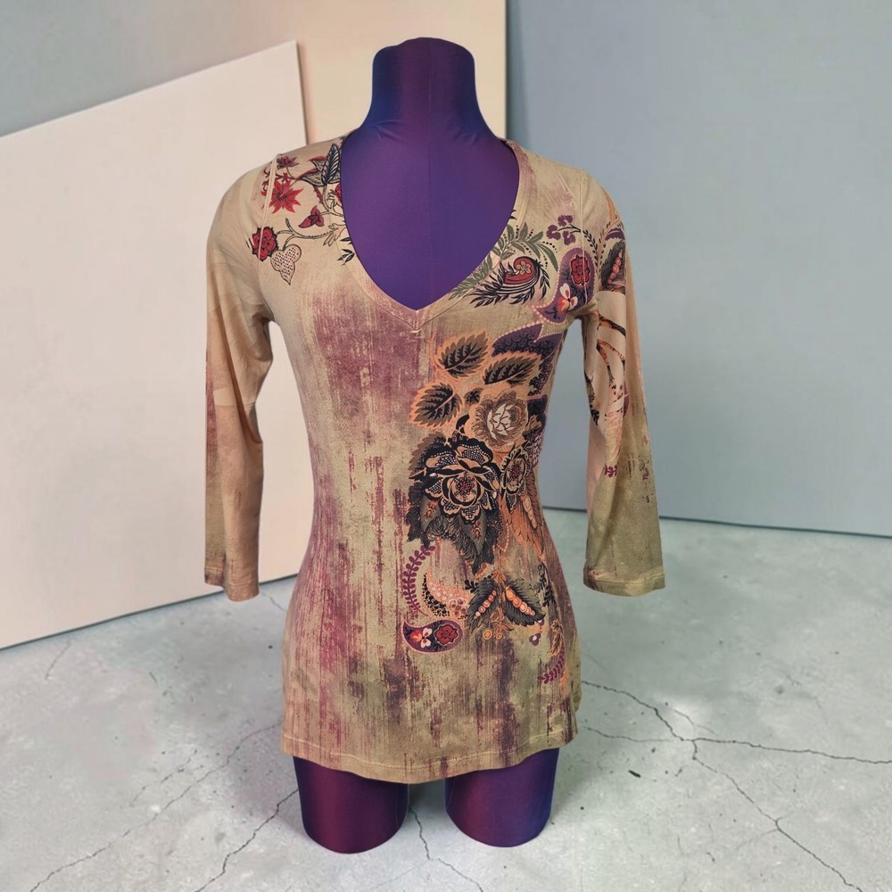 Euro Y2K Tryst by Mathew Stone Floral Paisley V-Neck 3/4 Sleeve Top Small USA